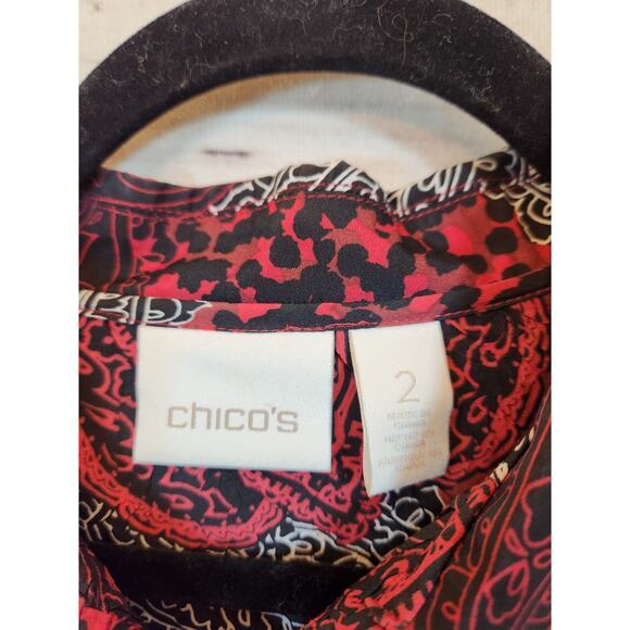 Chico's Women's Black Red Printed Crinkle Long Sleeve Button Down Blouse Size L - Picture 3 of 6